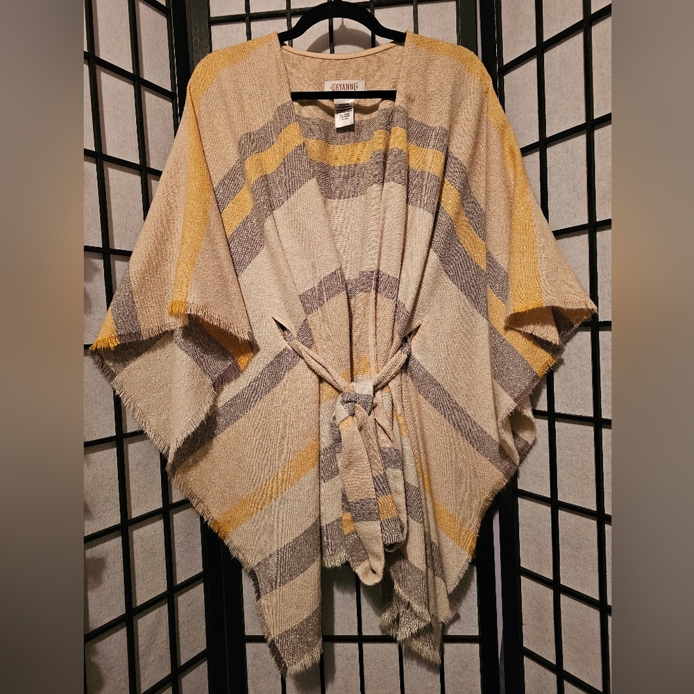 Shyanne Country Wear Neutral Striped‎ Cape Shawl Knit Cardigan Womens Boho Chic